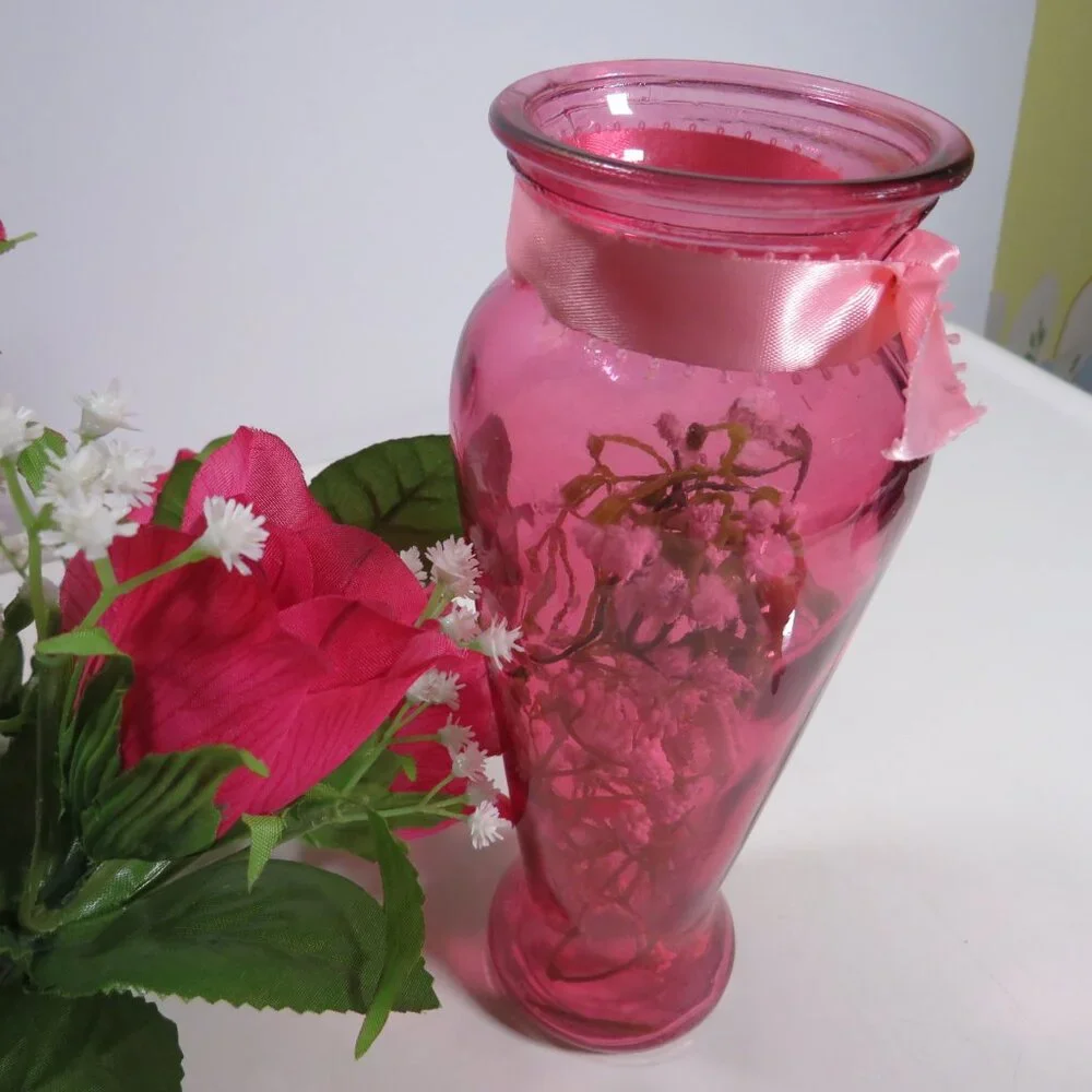 Pink Glass Vase with Warm Pink Faux Roses & Baby's Breath Silk Flowers
